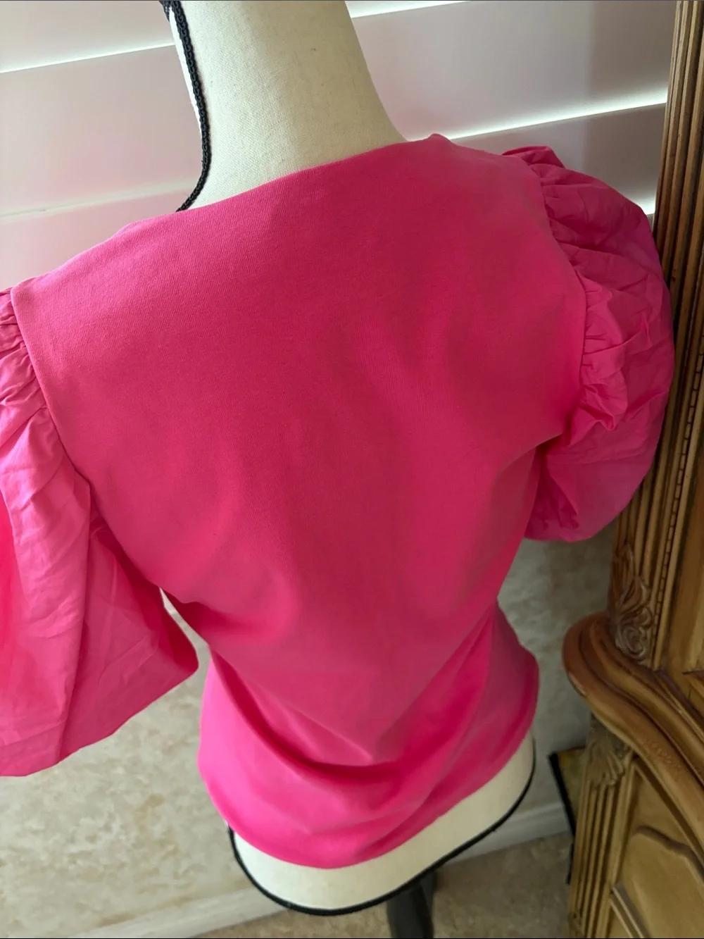 Anthropologie Maeve Hot Pink Puff Sleeve Wrap Top - Picture 3 of 4
